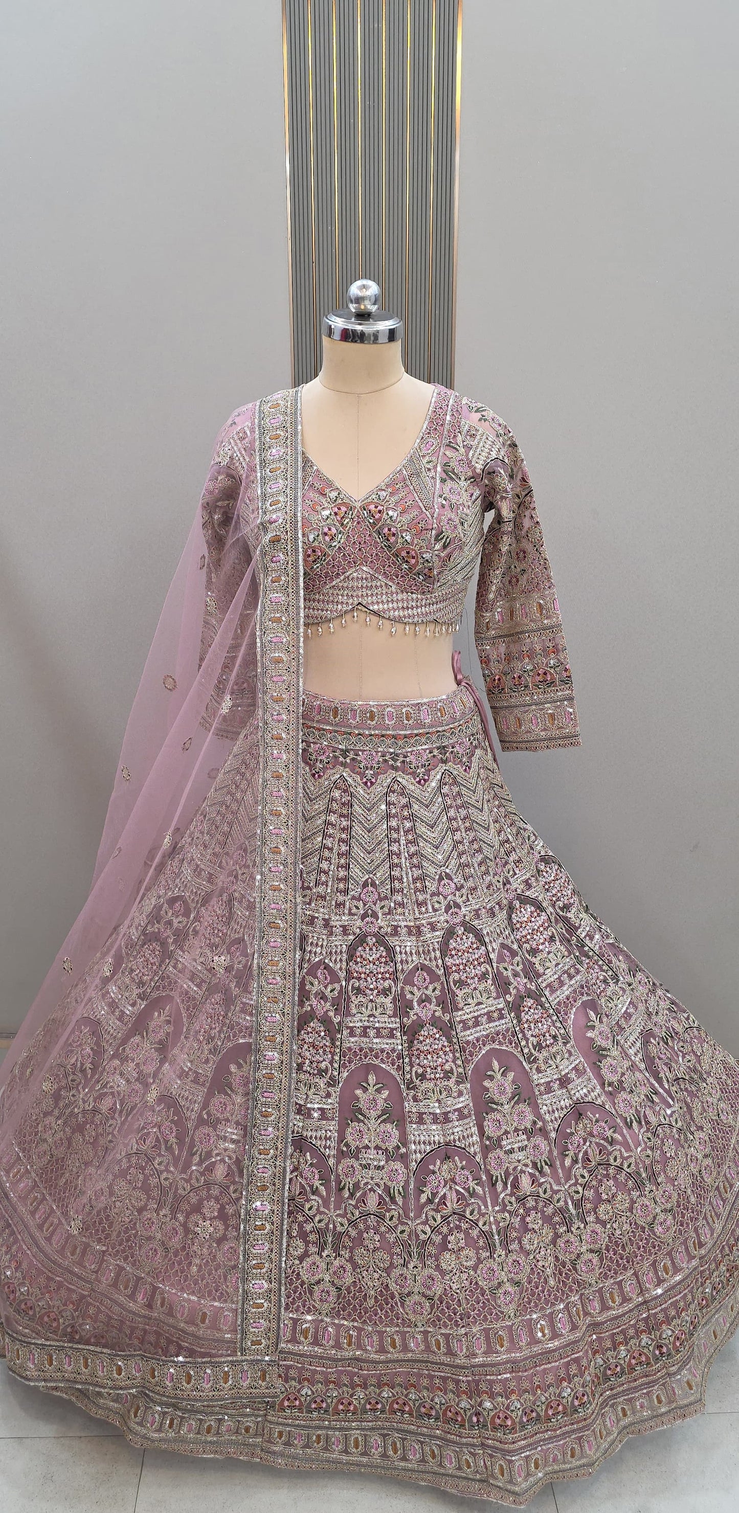 Big flare Designer beige golden Crop Top Lehenga