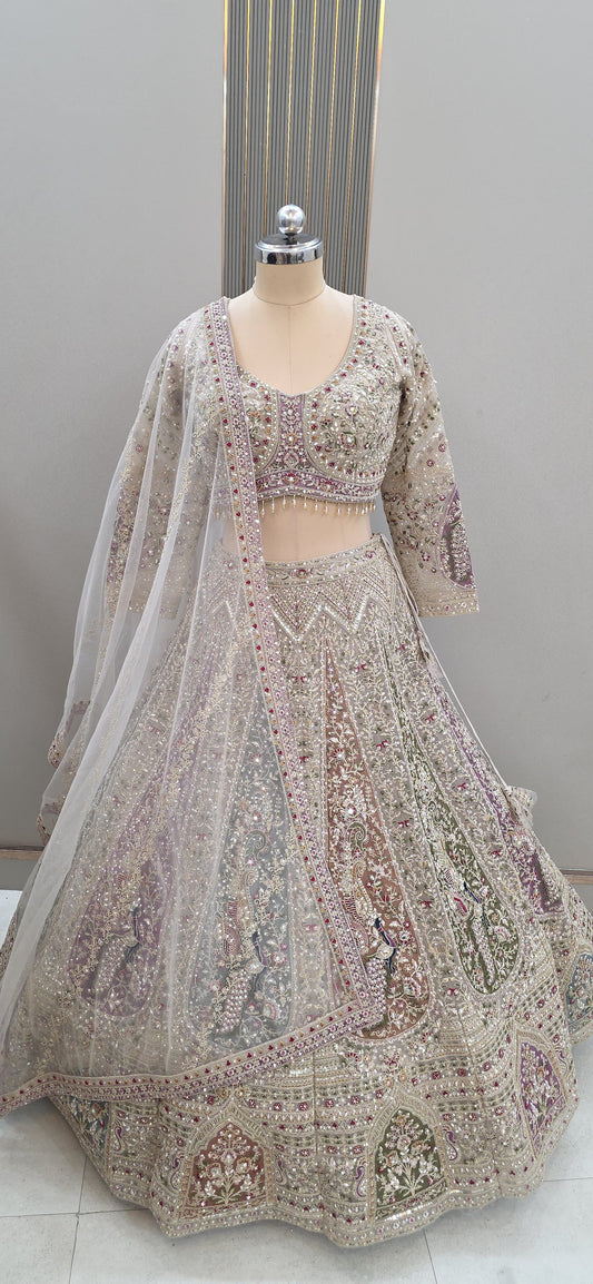 (Copy) Peacock Beige golden pink crop top Lehenga - Shopping World