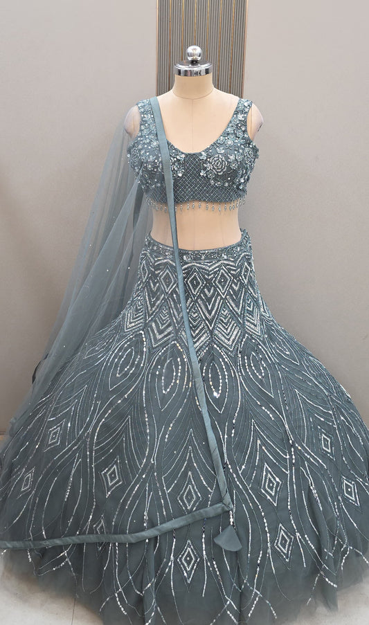 Golden beige fish cut Crop Top Lehenga