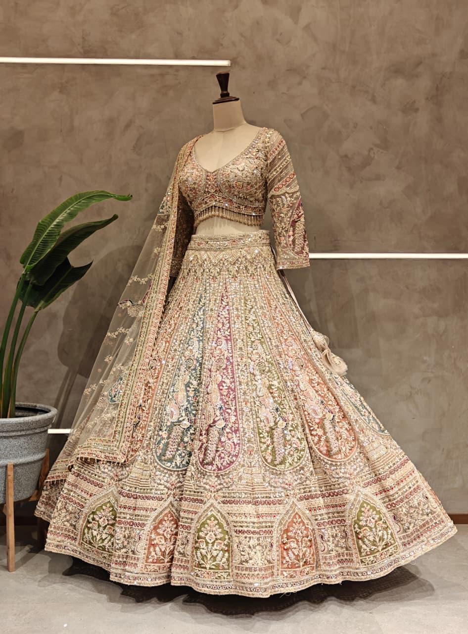 Golden Green Pink peacock Crop Top Lehenga - Shopping World