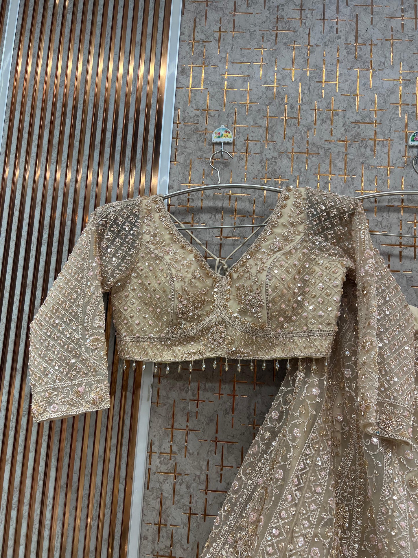 Heavy beige golden Net crop top Lehenga - Shopping World
