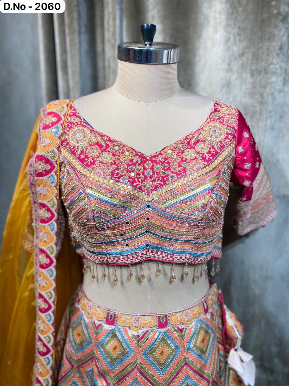 Hot Pink Blue Crop Top Lehenga