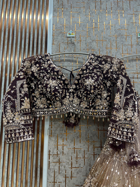 Beige golden mustard double shade Crop Top Lehenga