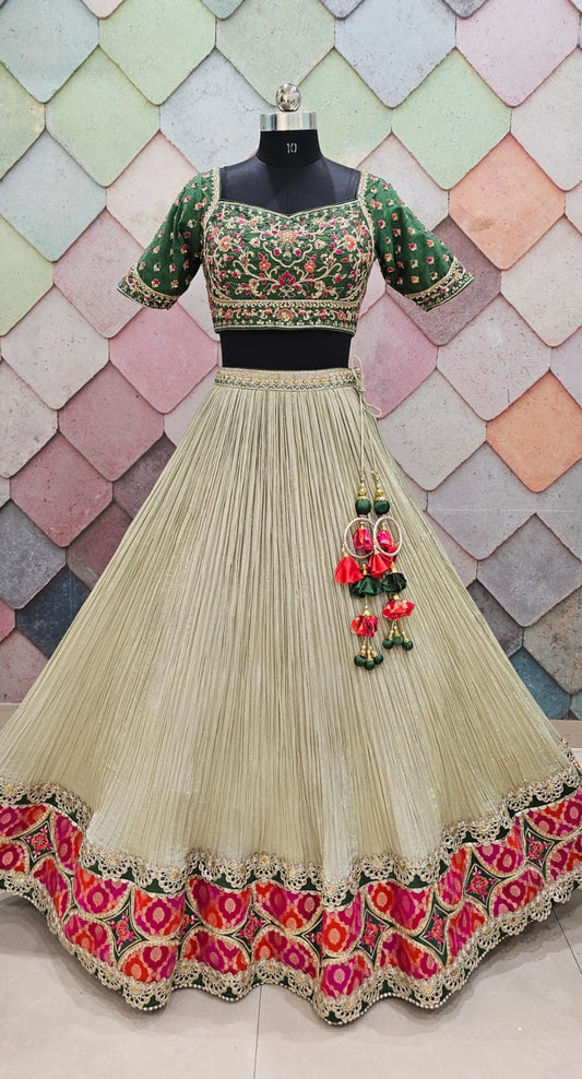 Beige green Crop top Lehenga