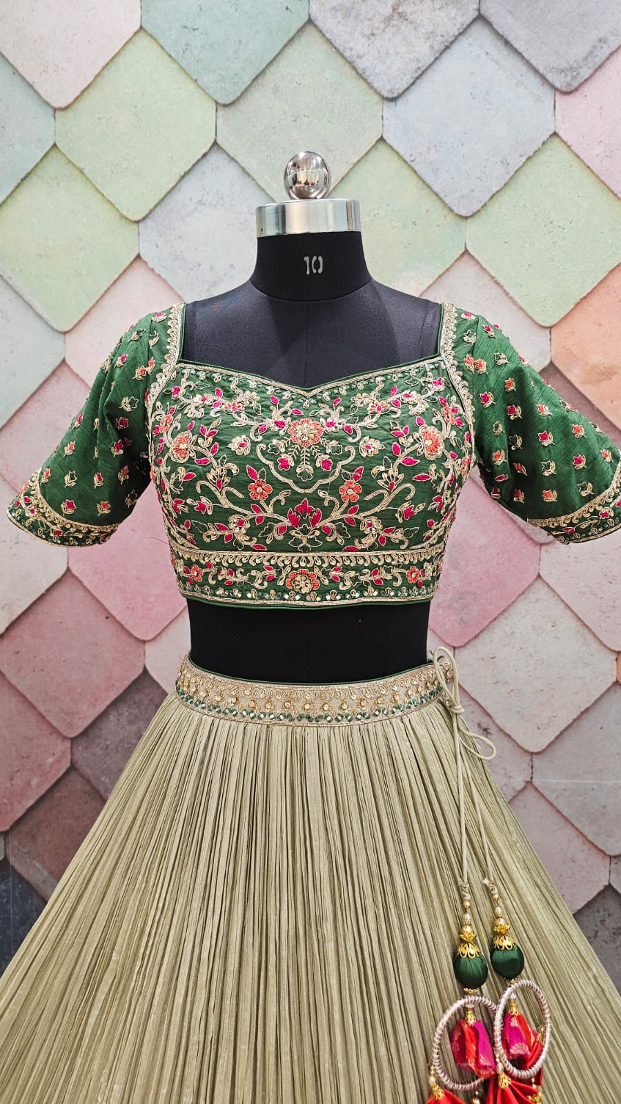 Beige green Crop top Lehenga