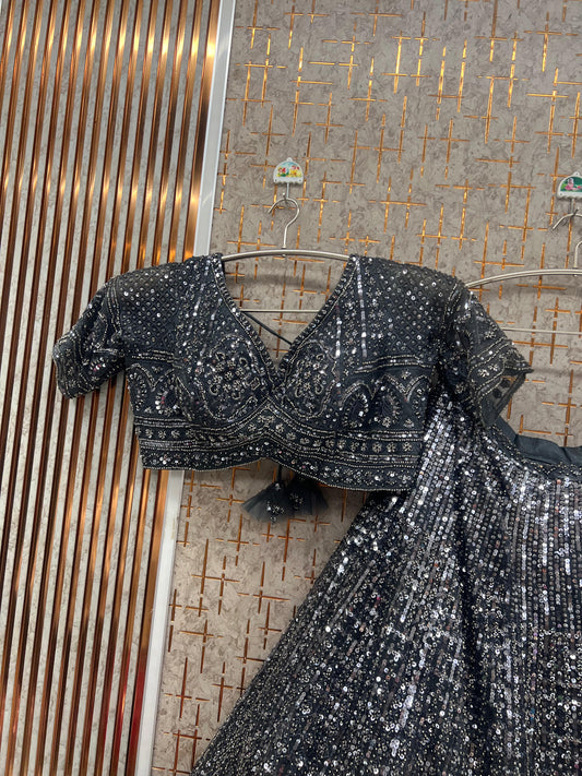 Black Grey Monotone Crop Top Lehenga