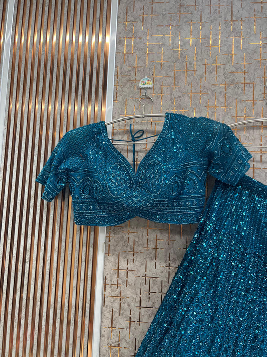 Teal Blue Monotone Crop Top Lehenga