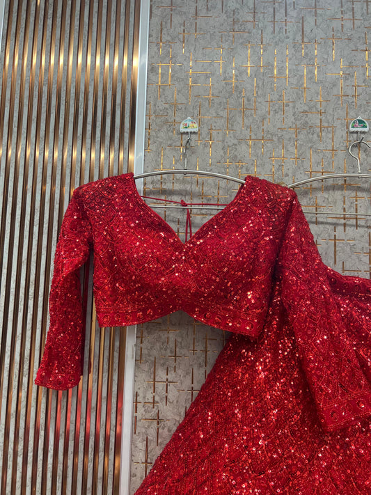 Red Monotone Crop Top Lehenga