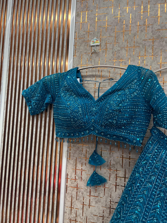 Teal Blue Monotone Crop Top Lehenga