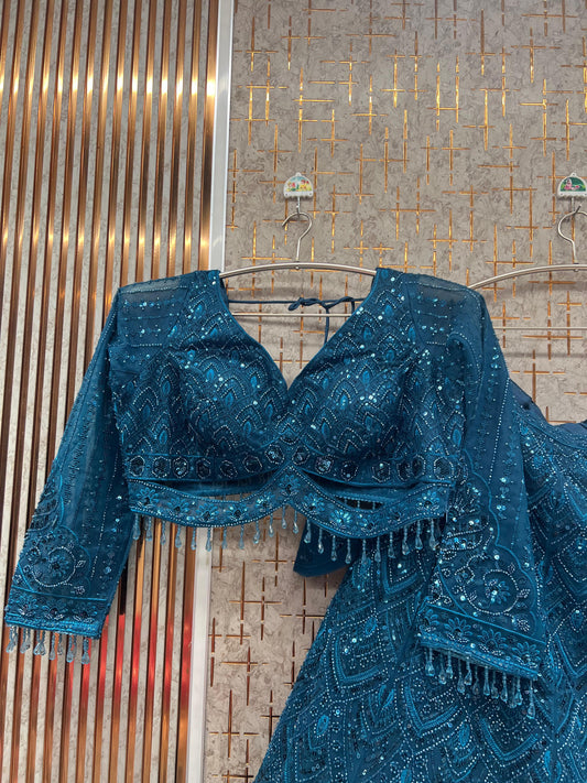 Teal Blue Monotone Crop Top Lehenga