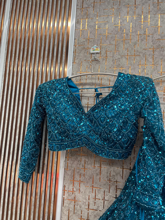 Teal Blue Monotone Crop Top Lehenga