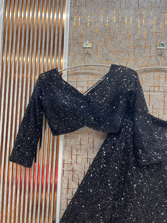 Black Monotone Crop Top Lehenga