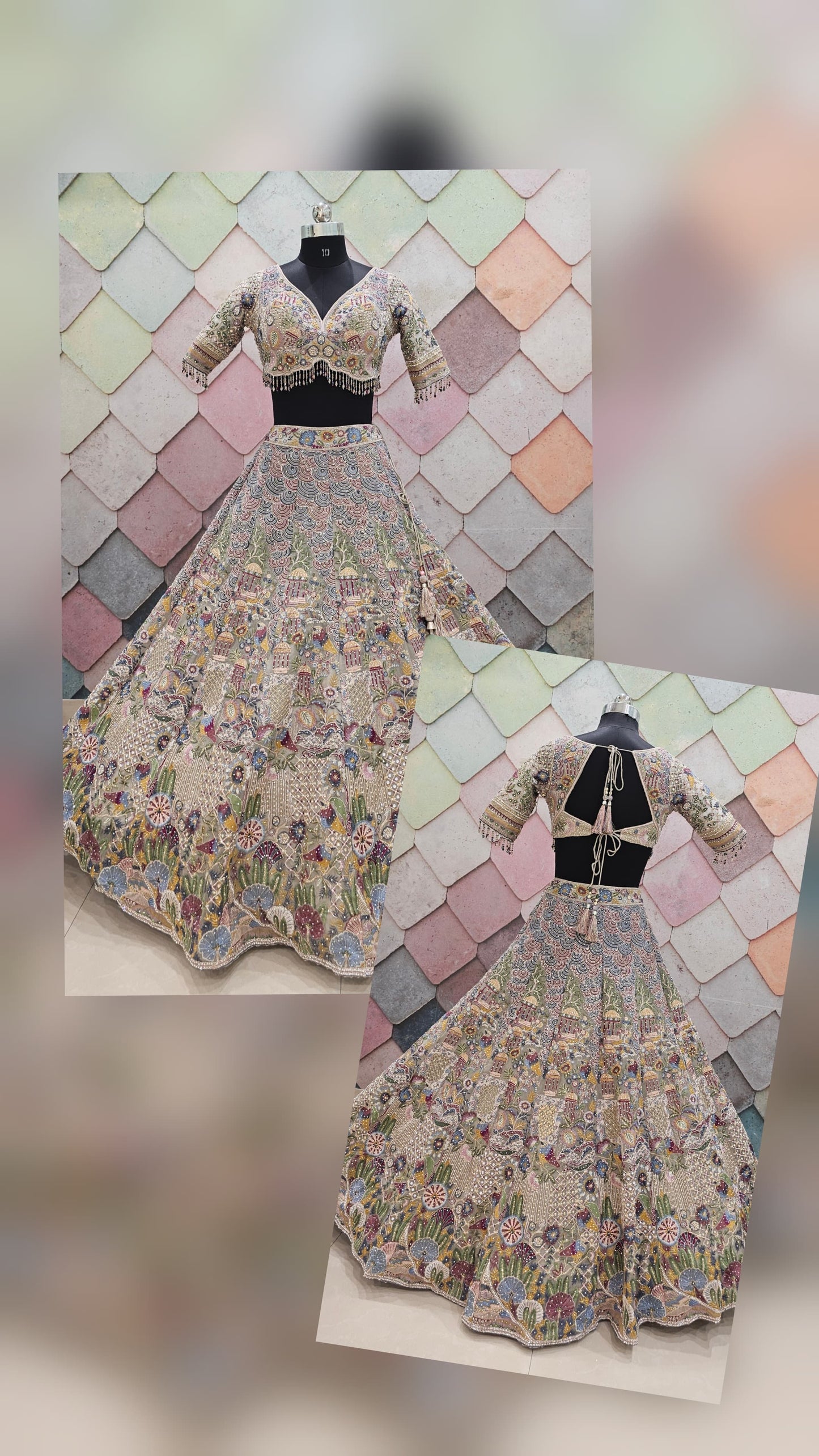 Multicolour Beige Crop top Lehenga