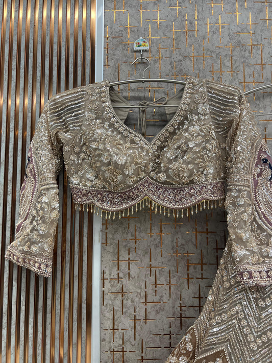 Beige golden Peacock Crop Top Lehenga