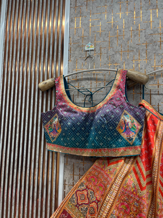 Banarsi Orange green ready to wear Crop Top Lehenga