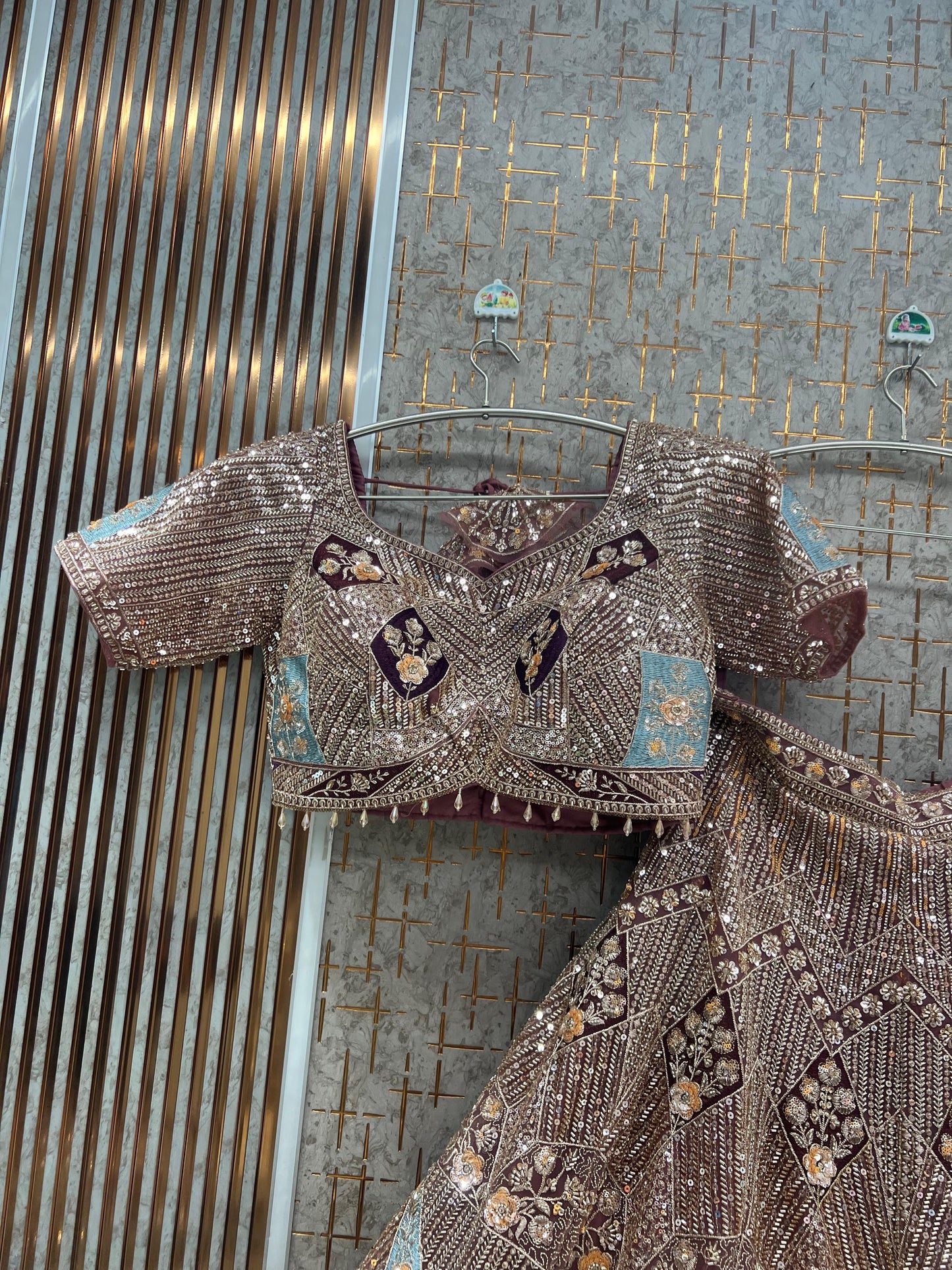 Beige golden sea blue Crop Top Lehenga