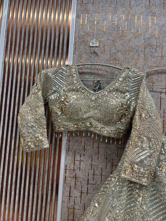 Green Pista Crop Top Lehenga