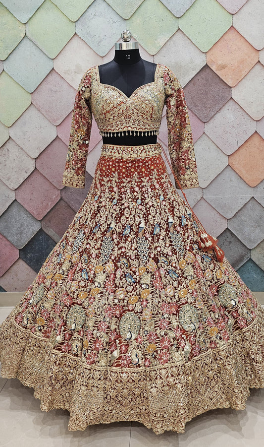 Rust Orange Peacock Crop top Lehenga