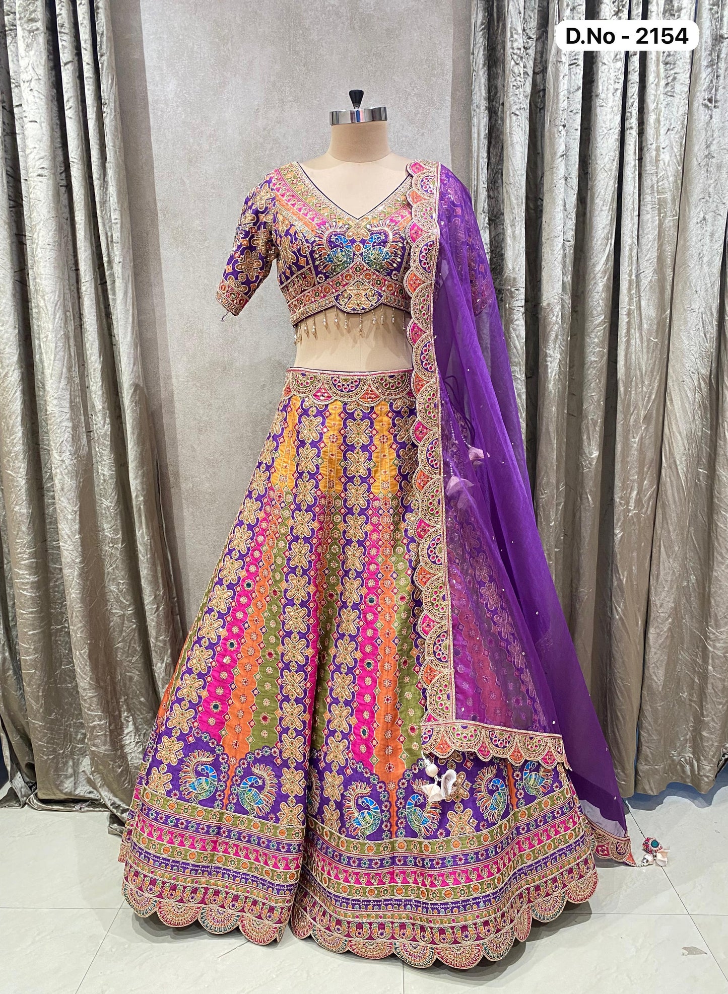 Hot pink Multicolour Crop top Lehenga