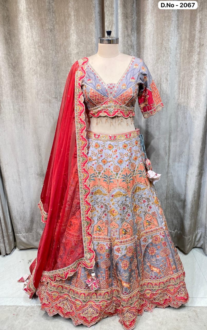 Blue silk position print Crop Top Lehenga