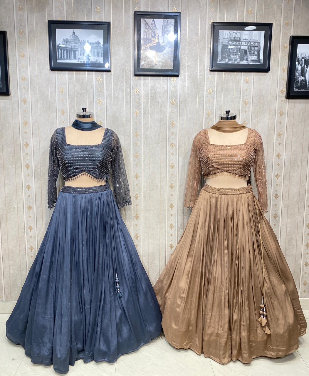 Dark Blue Brown Crop Top Lehenga