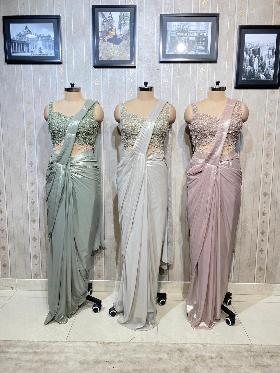 Pista green white Baby pink Drape Saree dress