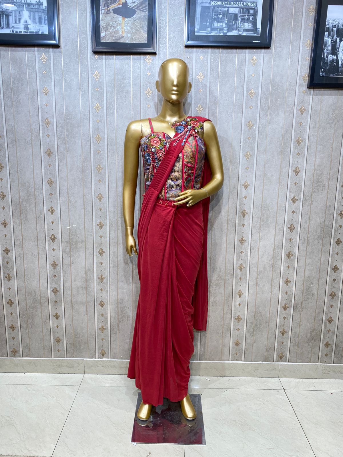 Mustard Blue Drape Saree dress
