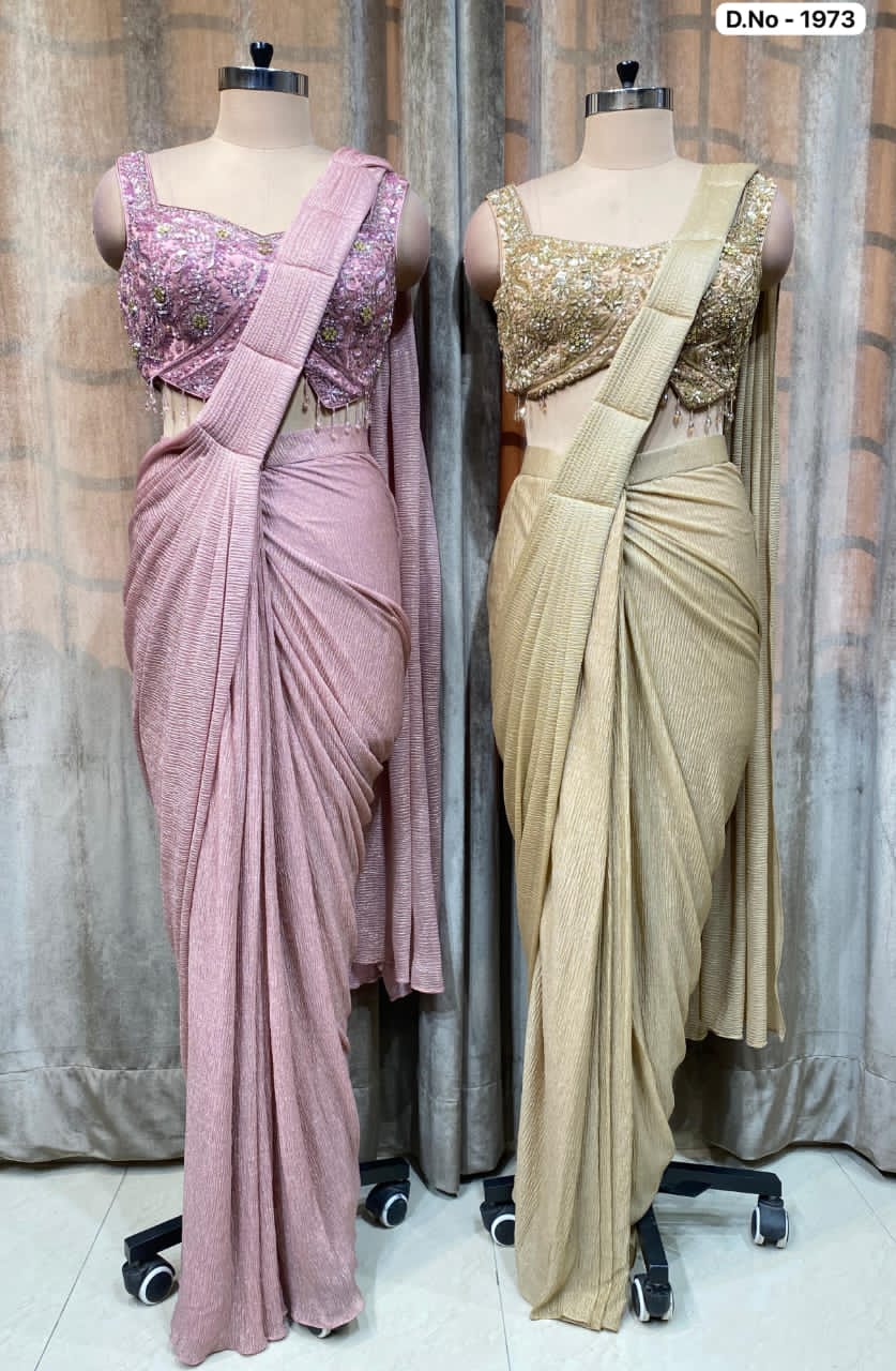 Baby pink Beige golden Drape Saree dress