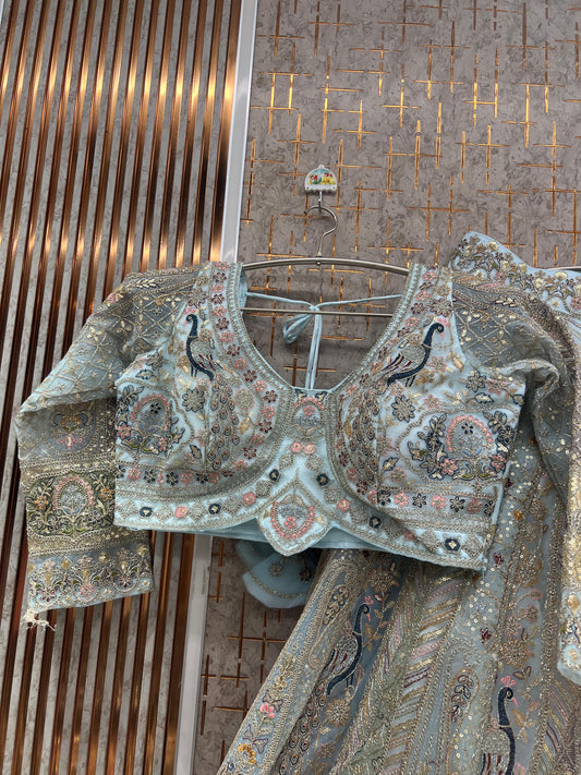 Sky Blue peacock Crop top Lehenga - Shopping World