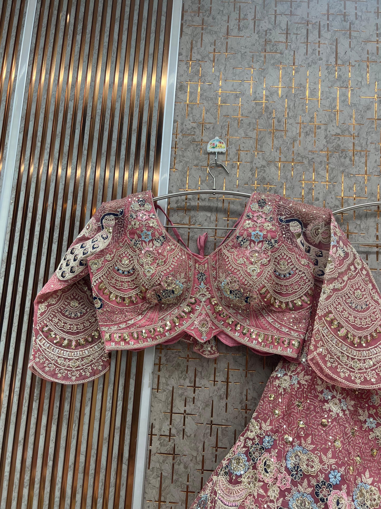 Beige Golden viral peacock Crop top Lehenga