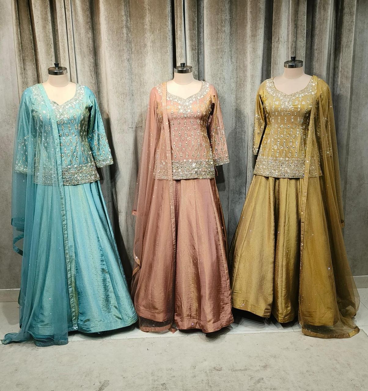 Sky blue peach yellow Haldi Mehendi Crop Top Lehenga