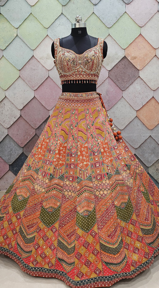 Rust orange green multicolour Crop top Lehenga