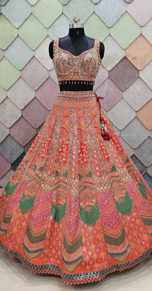 Pink green Crop top Lehenga