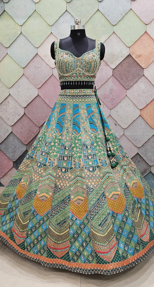 Blue Green Crop top Lehenga