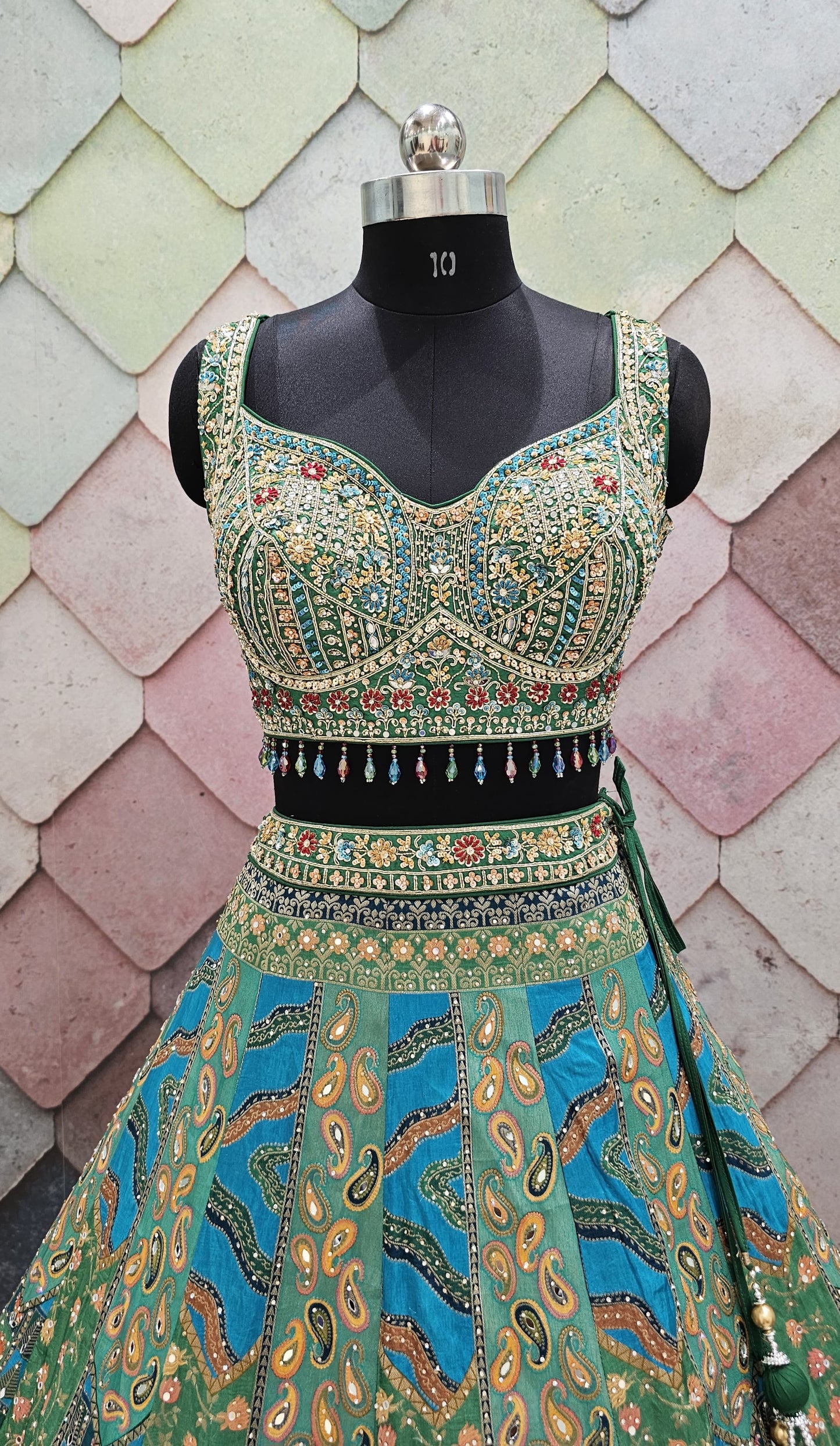 Blue Green Banarasi Crop top Lehenga