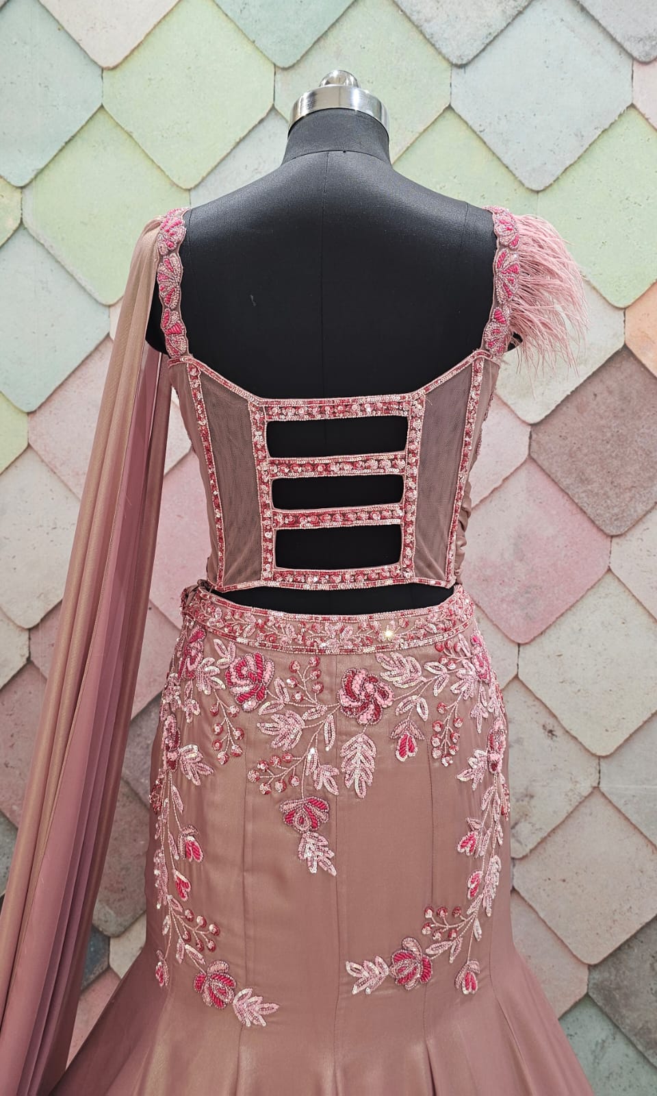 Hand work Pink Trendy fish cut crop top lehenga