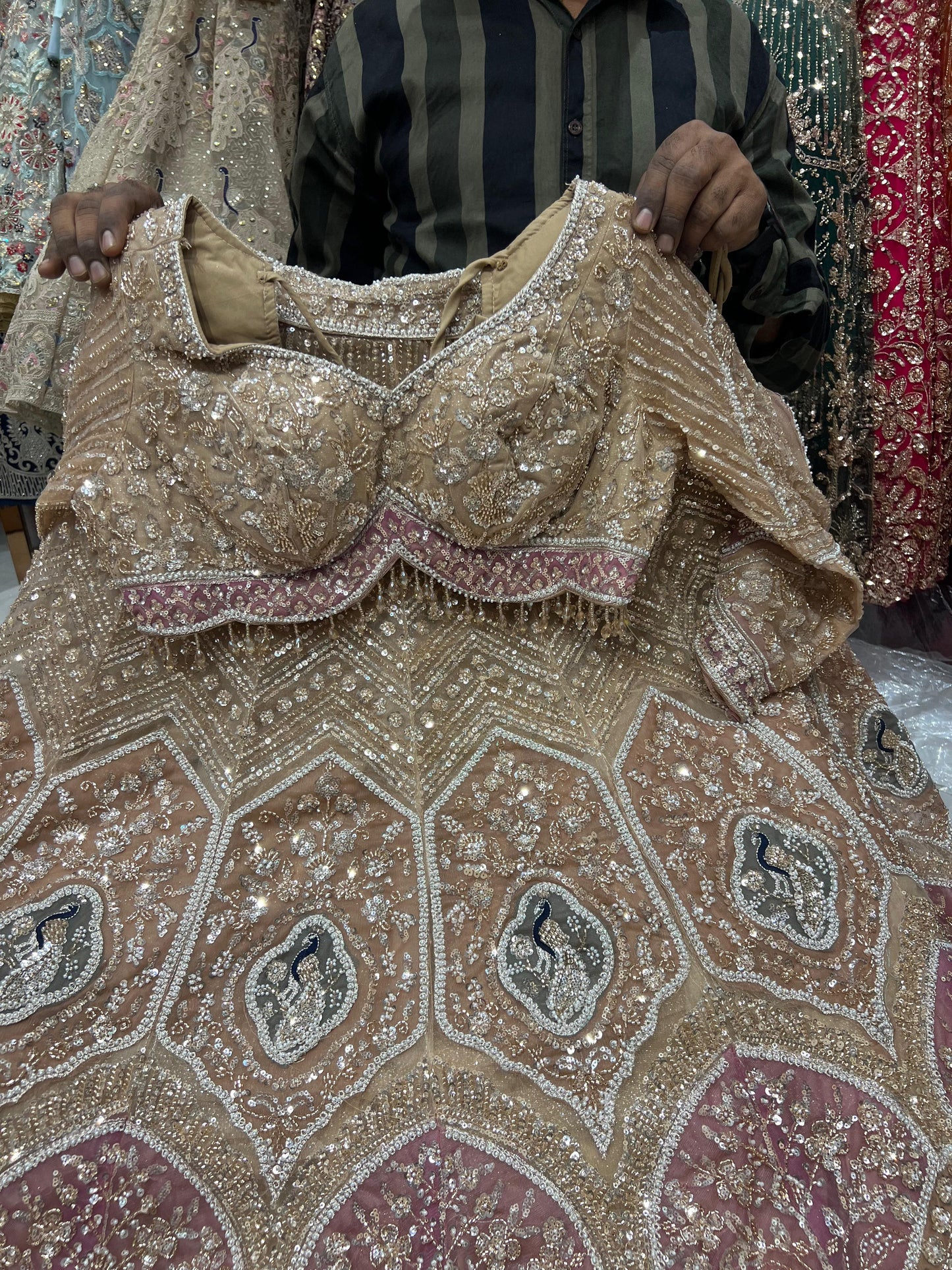 Beige golden Peacock Crop Top Lehenga - Shopping World