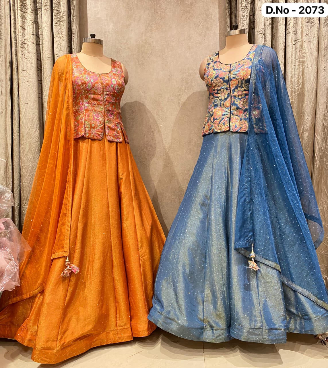 Sky Blue Rust Orange Long Crop Top Lehenga