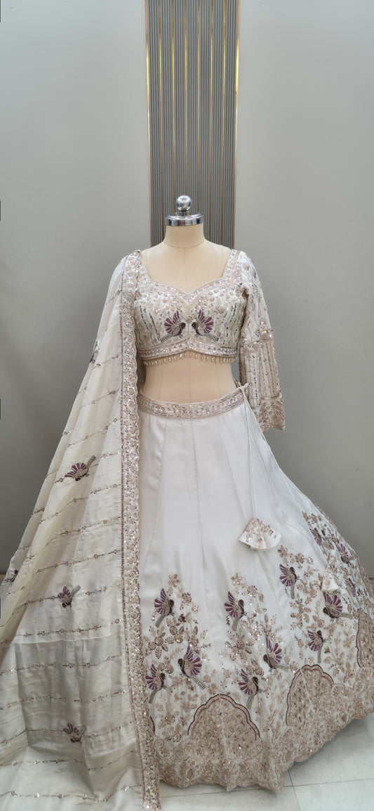 Peacock Beige Golden Crop Top Lehenga