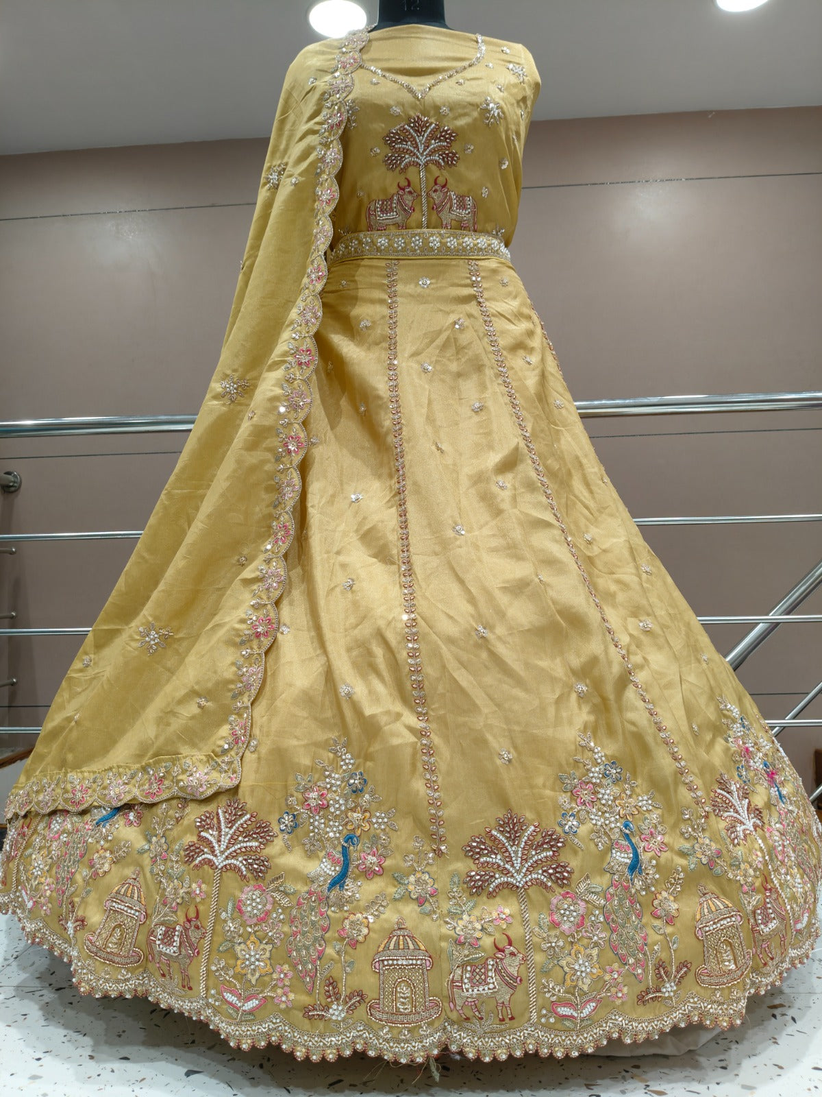White Peach Peacock Lehenga