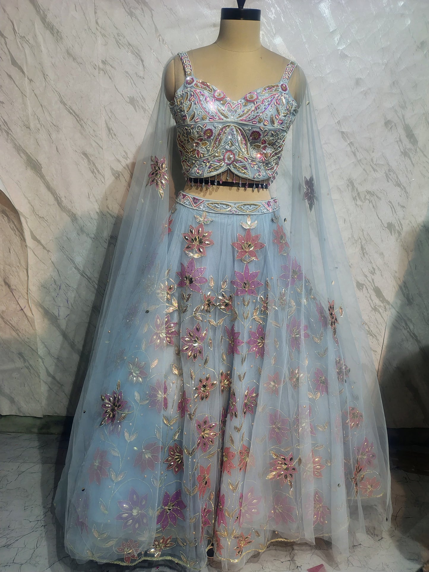 Sky Blue Pdp crop top Lehenga