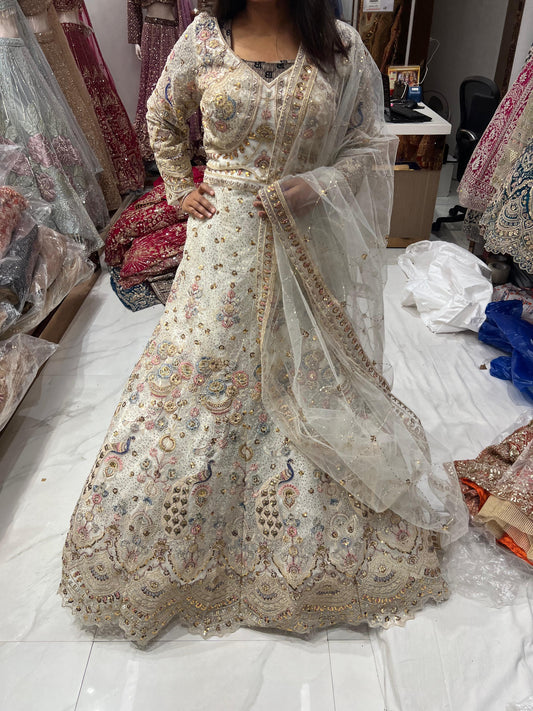 White Peacock Crop Top Lehenga