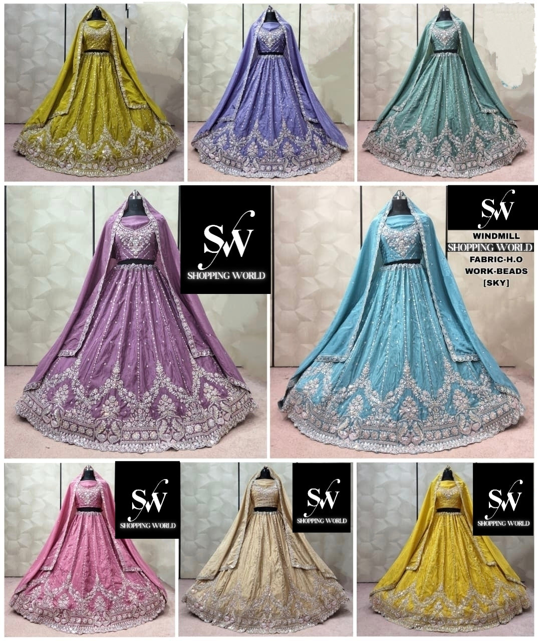 Purple pink Pista green Yellow Blue Lavender peach Mustard Ho Lehenga