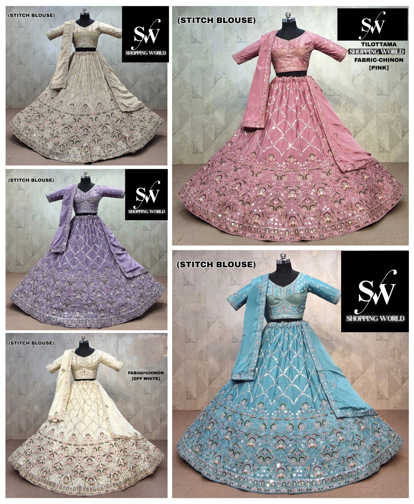 Pink Chiku golden Sky Blue Lavender Off White Chiku golden Chinon Lehenga