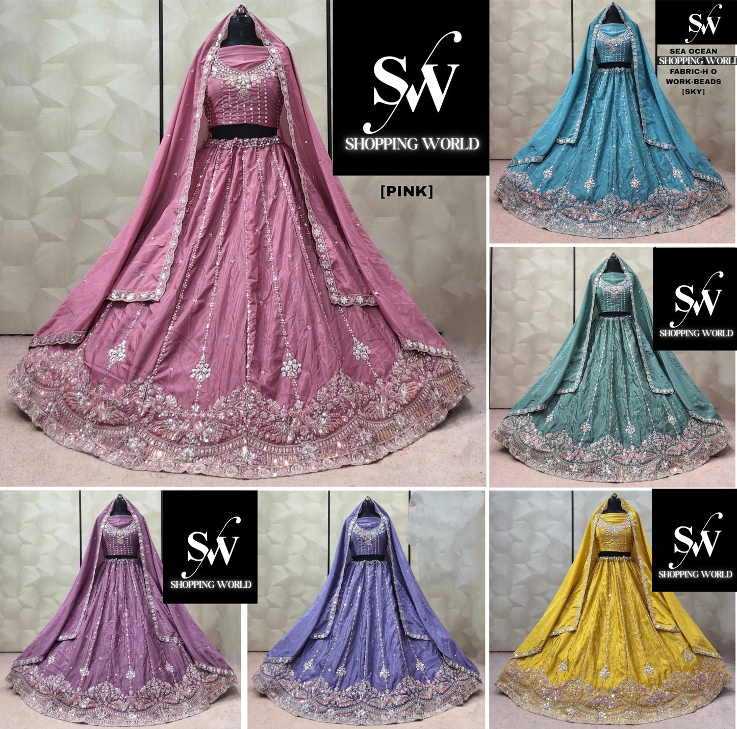 Pink Sky Blue Rama green Yellow Lavender Pink Ho Lehenga
