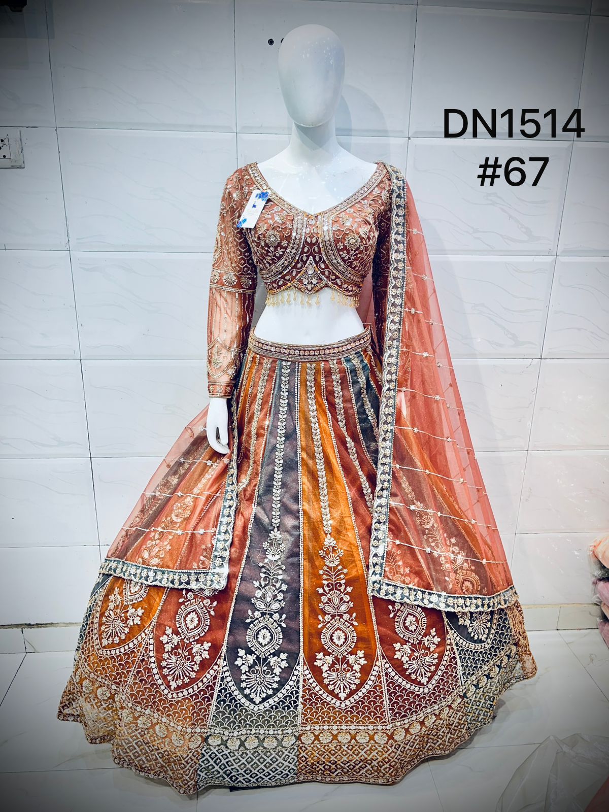 Mustard yellow Blue Silver Grey Multikali Crop Top Lehenga - Shopping World