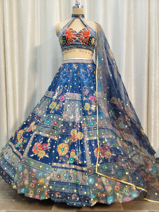 Blue Black pdp Crop Top Lehenga