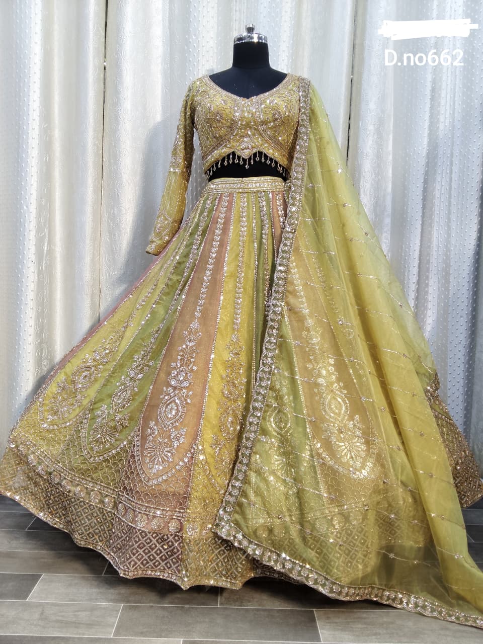 Yellow Haldi Mehendi Peach Green Multikali Crop Top Lehenga