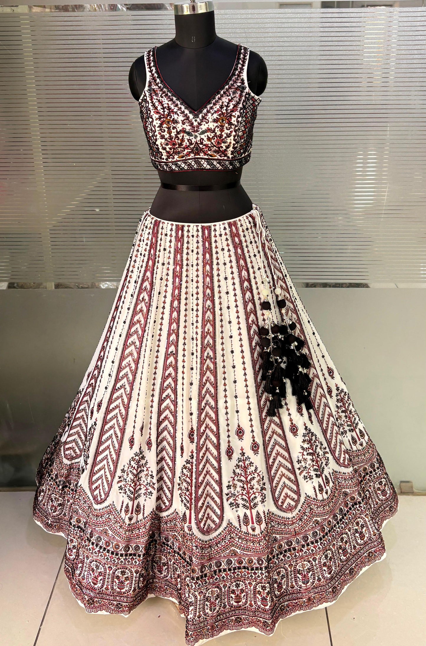 Maroon White Crop Top Lehenga