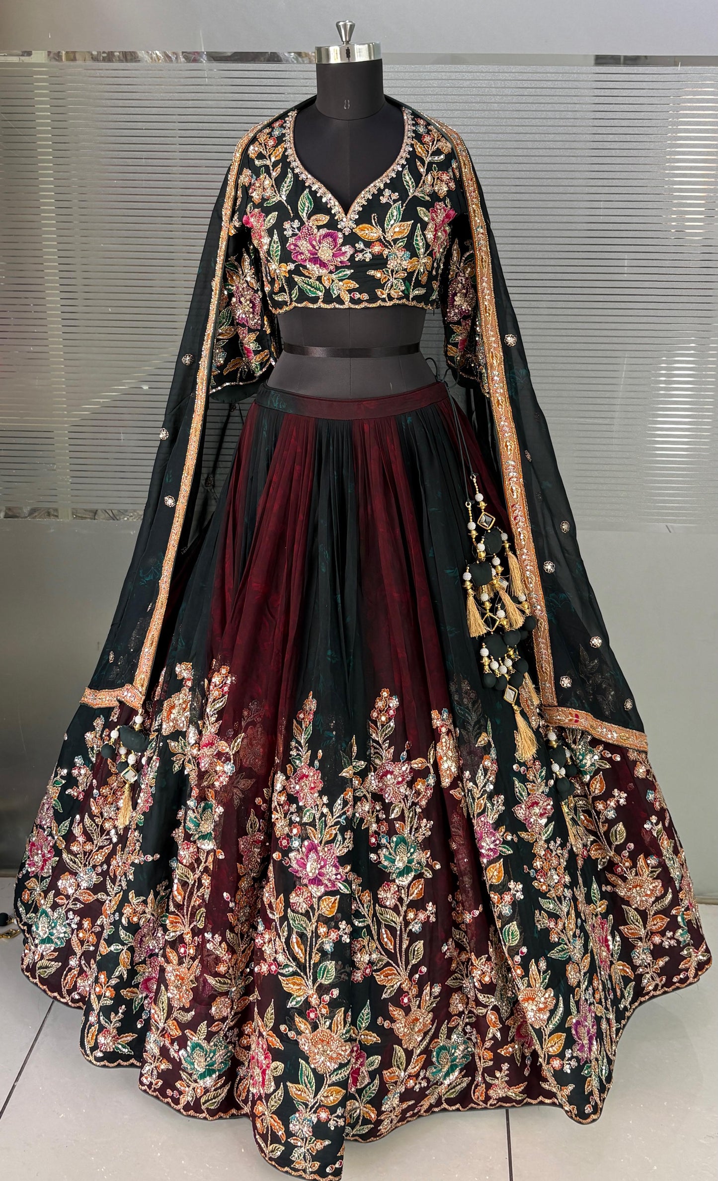 Maroon Multicolour Crop Top Lehenga